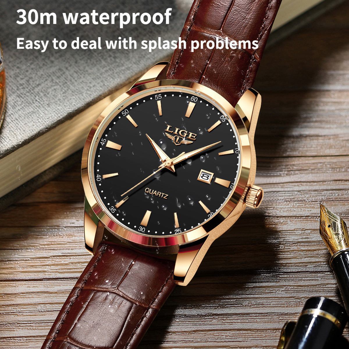 Men's Three-Hand Quartz Watch - Leather Strap, Waterproof