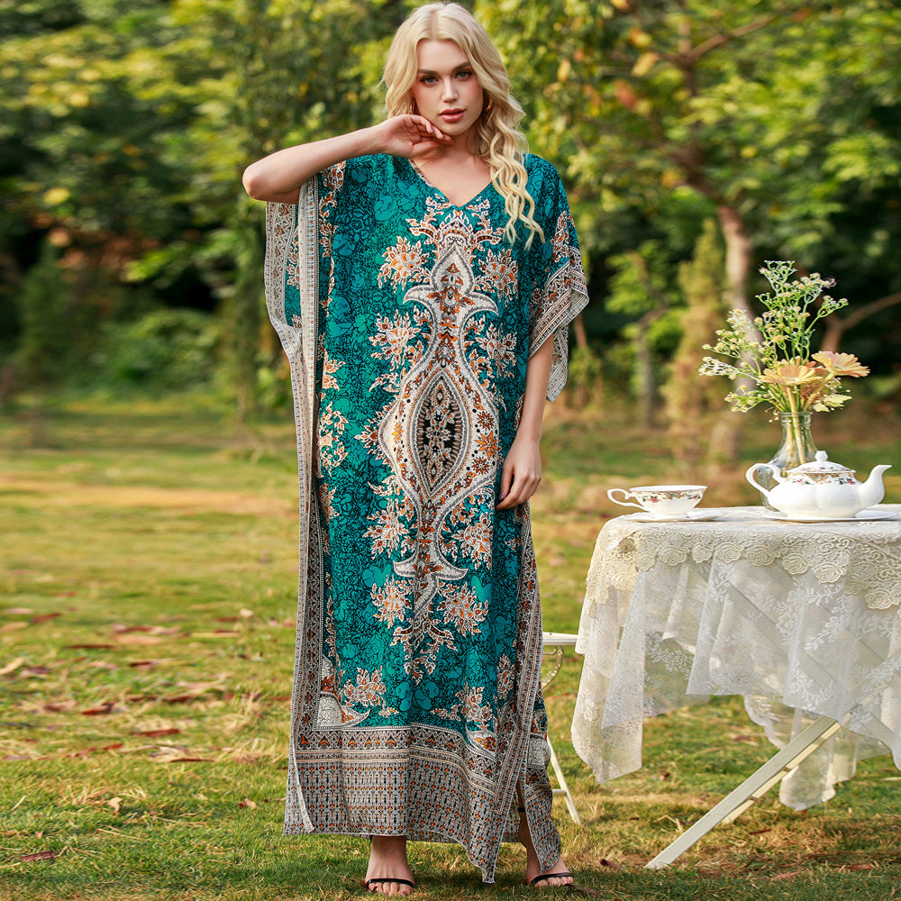 New European and American spring/summer women's bohemian print dress, plus size loose robe, Amazon beach vacation style.