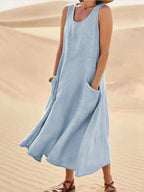 Amazon independent station wish2023 summer European and American foreign trade pocket sleeveless round neck women's cotton and linen dress