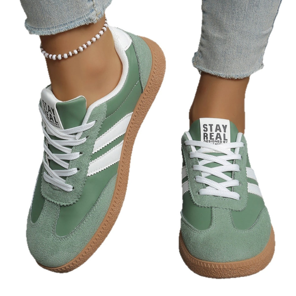 Women's Beige Flat Sneakers - Low-Top, Lace-Up
