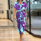 European and American cross-border 2024 Amazon summer new women's clothing printed lapel short-sleeved waist long shirt dress