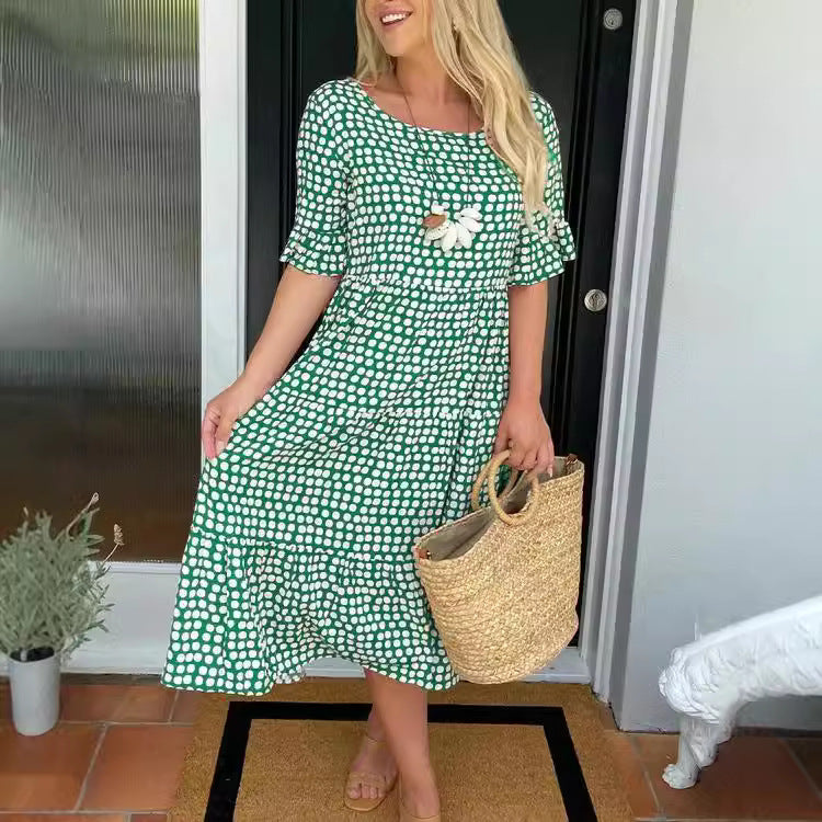 New European and American style women's clothing, best-selling summer round neck printed short-sleeved dress on Amazon independent website.