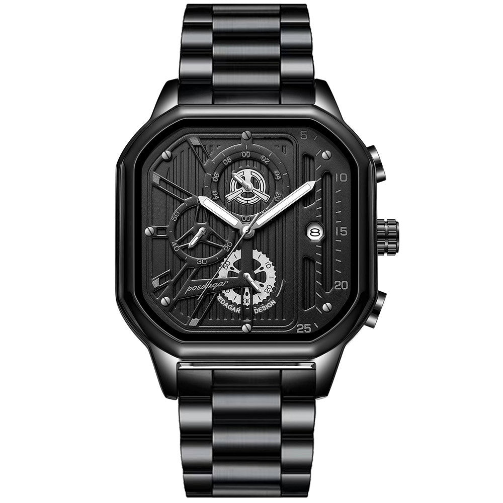 Men's Black Square Dial Quartz Watch - Leather, Waterproof