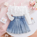 Foreign trade cross-border European and American summer hot selling temperament girl suit solid color one shoulder sling long sleeve pleated skirt short skirt