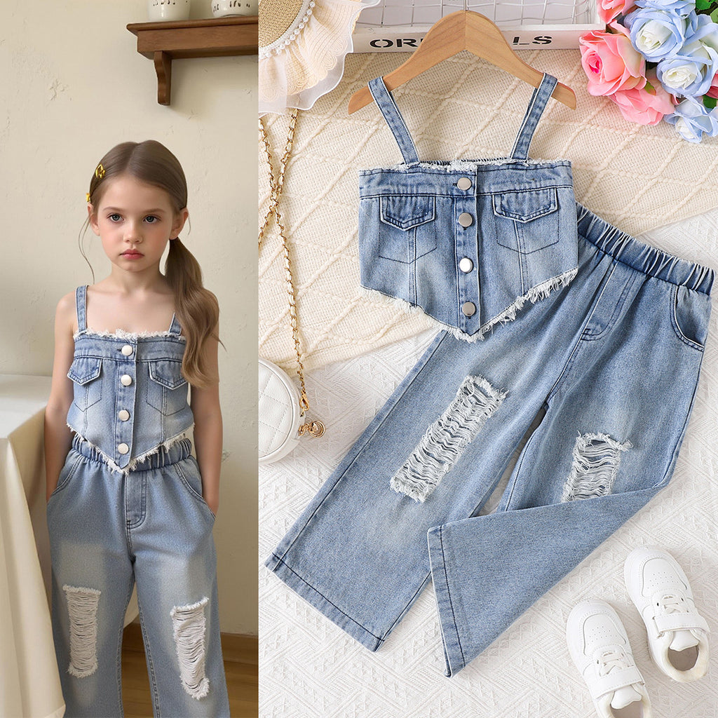 Foreign trade cross-border European and American summer sweet cool girl suits, irregular suspenders for middle-aged children, ripped denim pants suits
