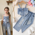 Foreign trade cross-border European and American summer sweet cool girl suits, irregular suspenders for middle-aged children, ripped denim pants suits
