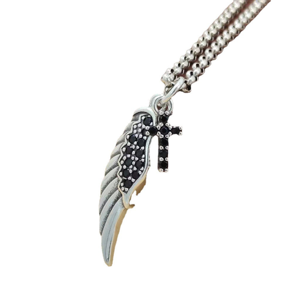 Angel Wing Pendant S925 Sterling Silver Trendy Personality Men and Women Cross Wings Fashion Black Diamond Small Pendant Trend