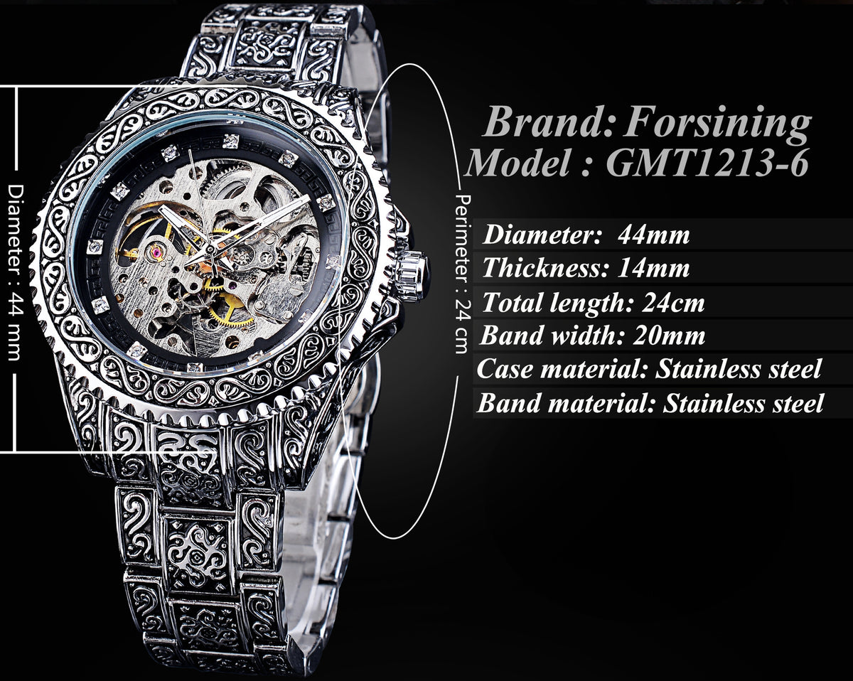 Men's Black Silver Automatic Mechanical Watch - Steel Strap