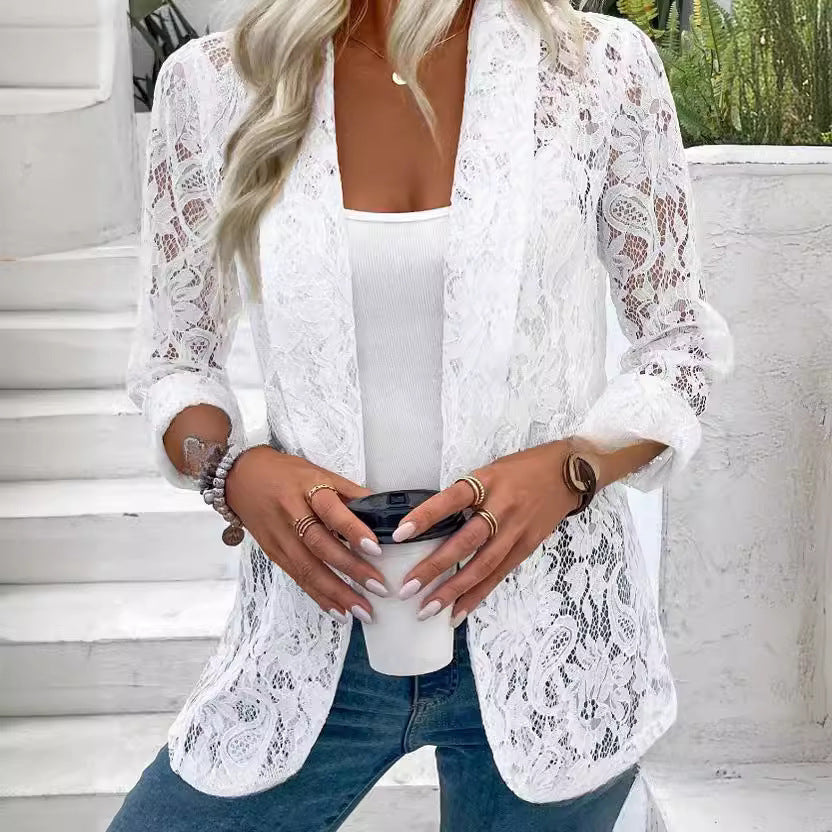 2024 European and American cross-border spring/summer stylish and versatile solid color lace shirt jacket