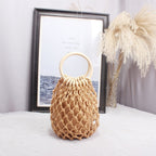 Handmade straw bag, small woven bag with round hollow handle, mesh bag, tote bag, niche brand bag for women, cotton thread, fishing net, hollow design.