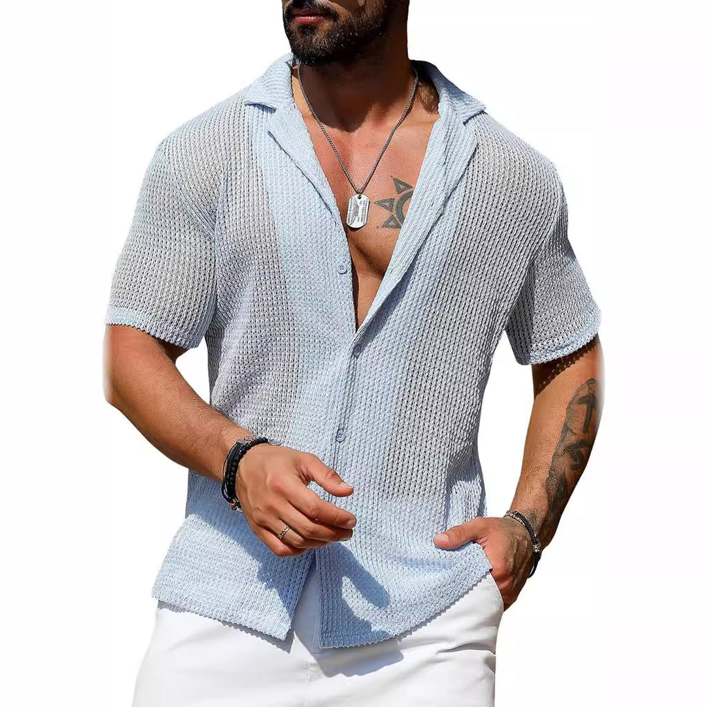 Men's White Knit Cardigan Shirt – Short Sleeve | Aladinae