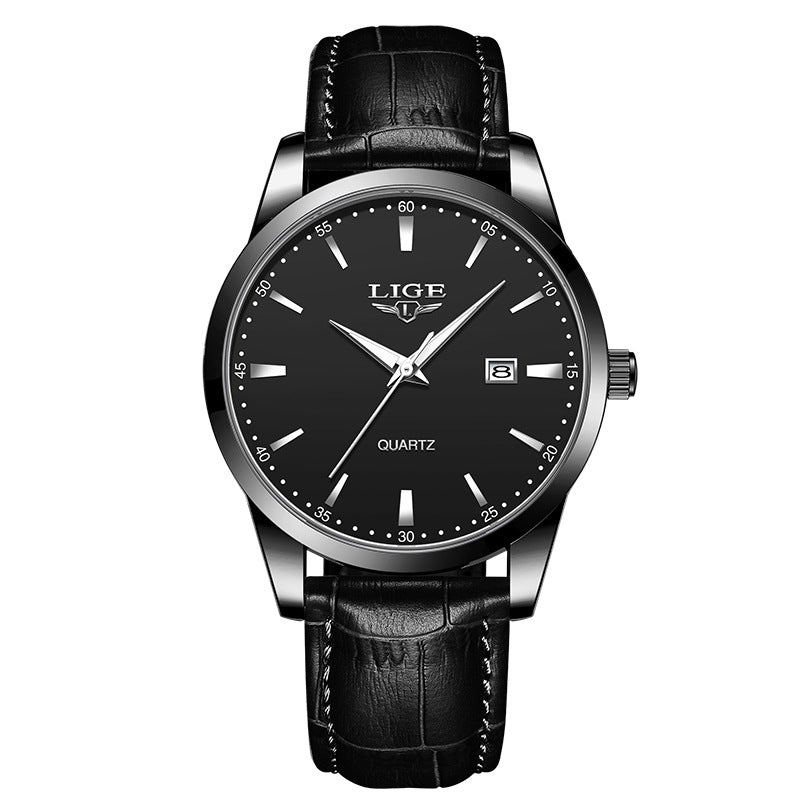 Men's Three-Hand Quartz Watch - Leather Strap, Waterproof