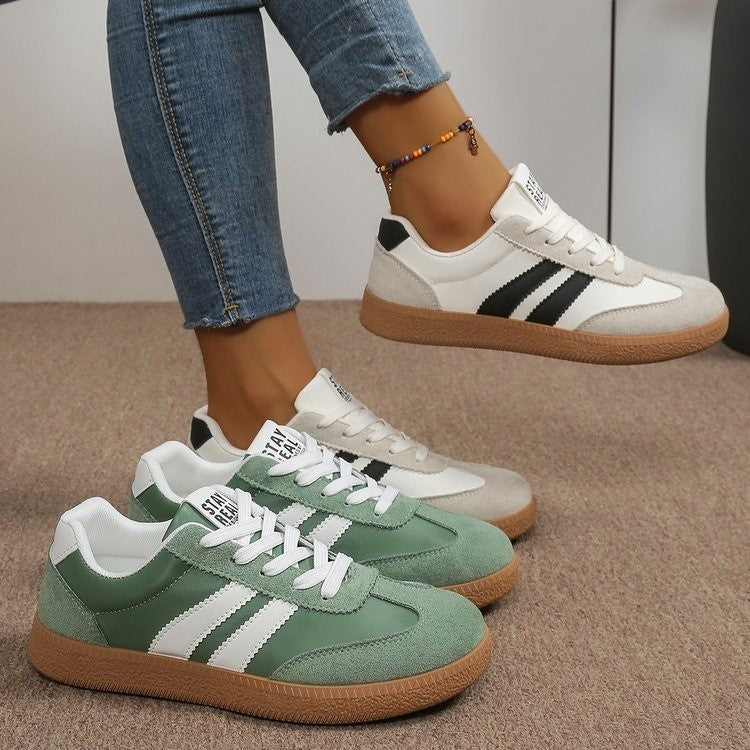 Women's Beige Flat Sneakers - Low-Top, Lace-Up