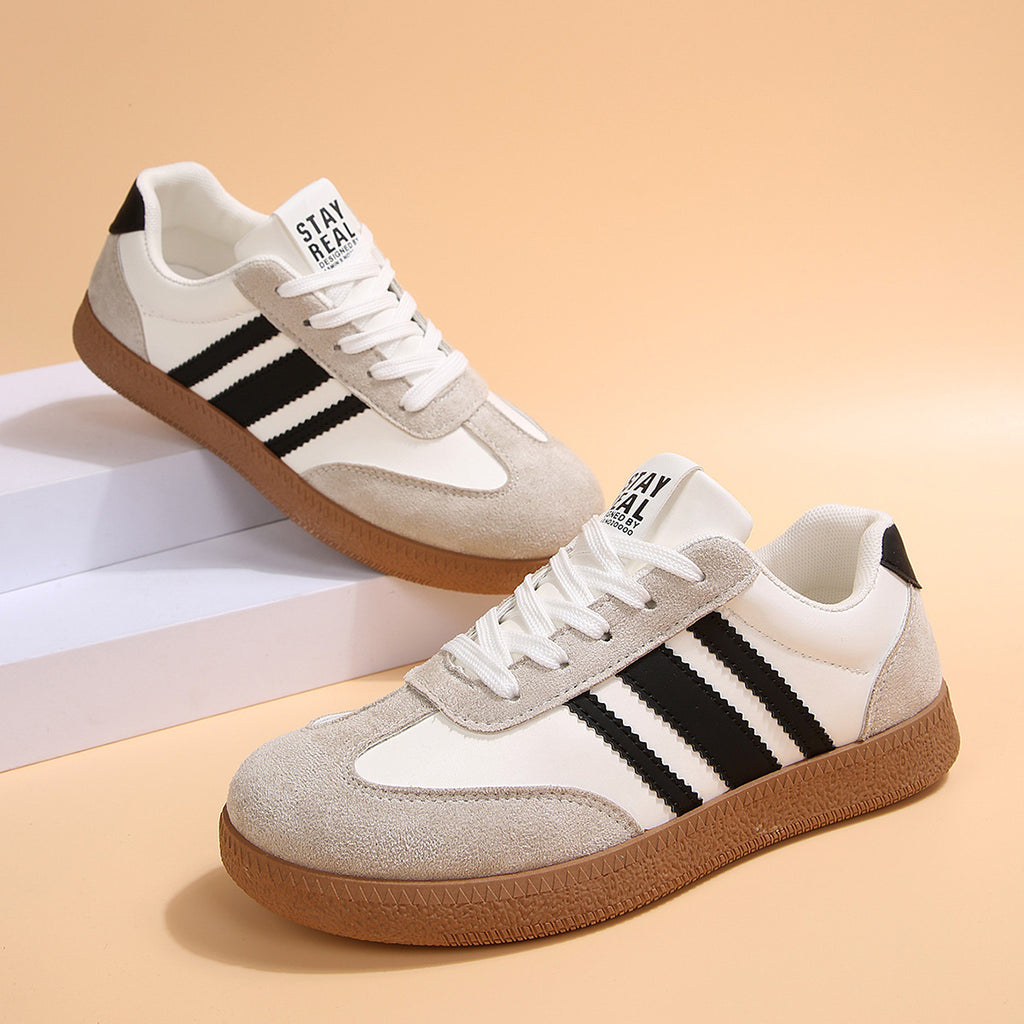 Women's Beige Flat Sneakers - Low-Top, Lace-Up