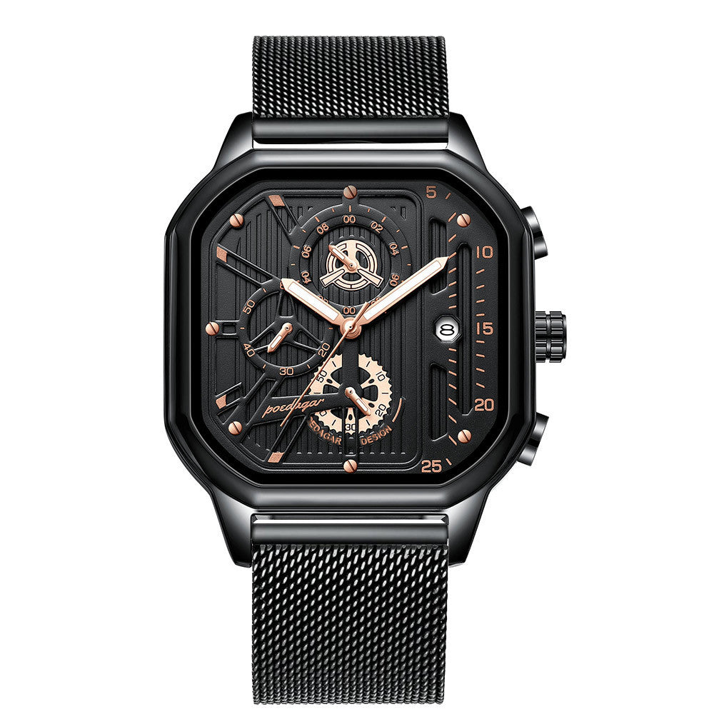 Men's Black Square Dial Quartz Watch - Leather, Waterproof