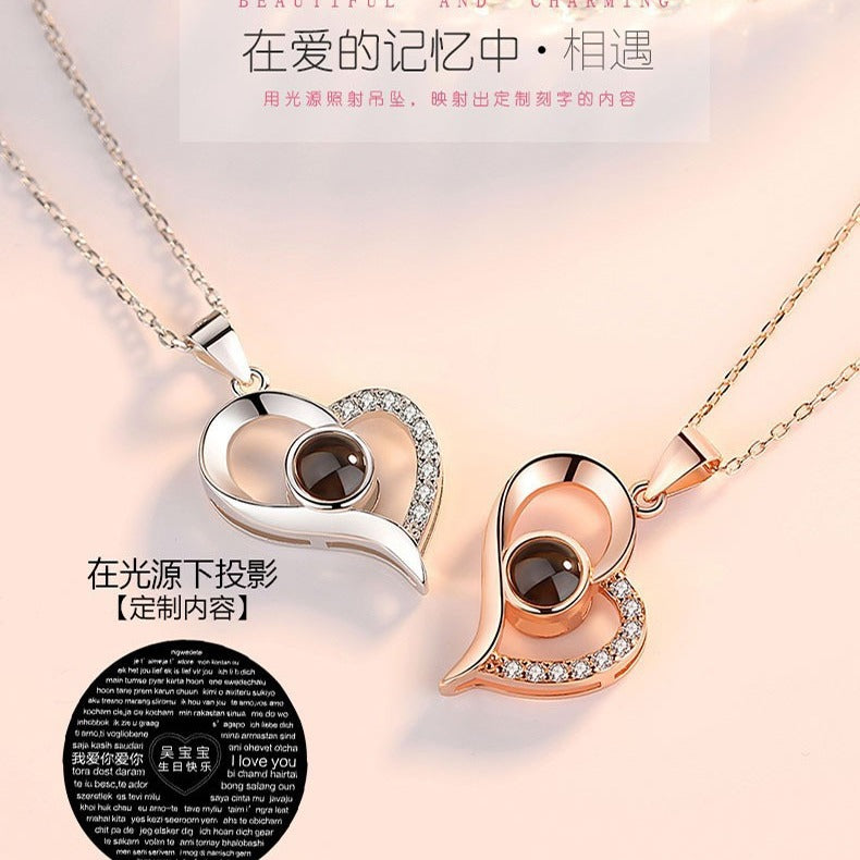 100 Languages S925 Sterling Silver Oblique Heart Memory Love Necklace I Love You Tik Tok Projection Gift No Fading