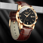 Men's Three-Hand Quartz Watch - Leather Strap, Waterproof