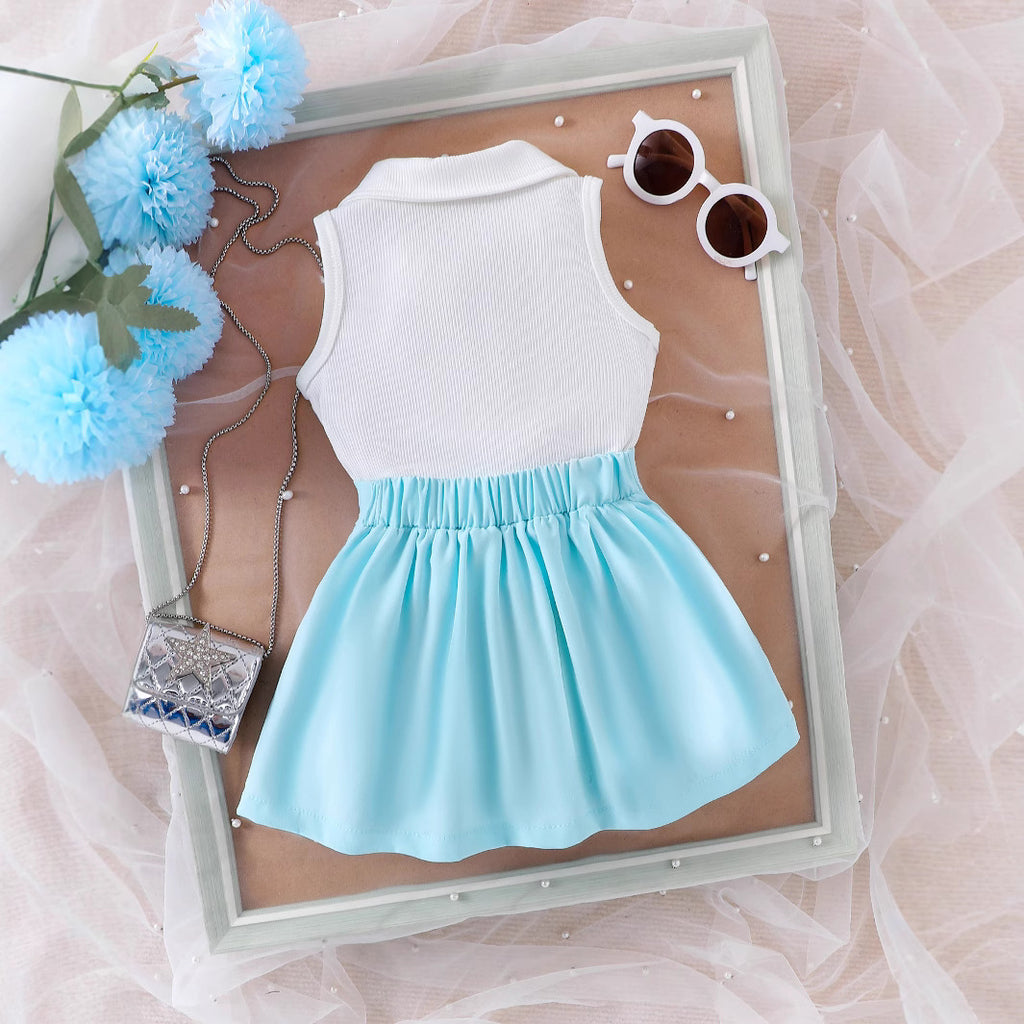 Cross-border European and American summer casual girls suits, sleeveless lapel tops for small and medium-sized children, bow short skirt two-piece suit