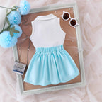 Cross-border European and American summer casual girls suits, sleeveless lapel tops for small and medium-sized children, bow short skirt two-piece suit