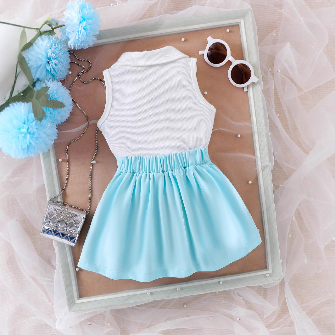 Cross-border European and American summer casual girls suits, sleeveless lapel tops for small and medium-sized children, bow short skirt two-piece suit