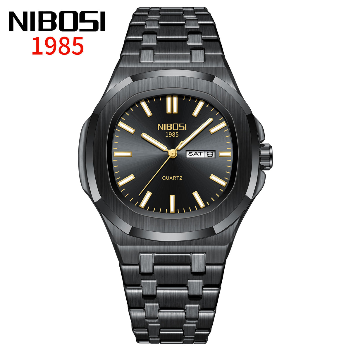 Men's Black Steel Quartz Watch - Waterproof, Luminous