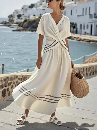 New European and American style summer vacation V-neck women's short-sleeved pleated maxi dress