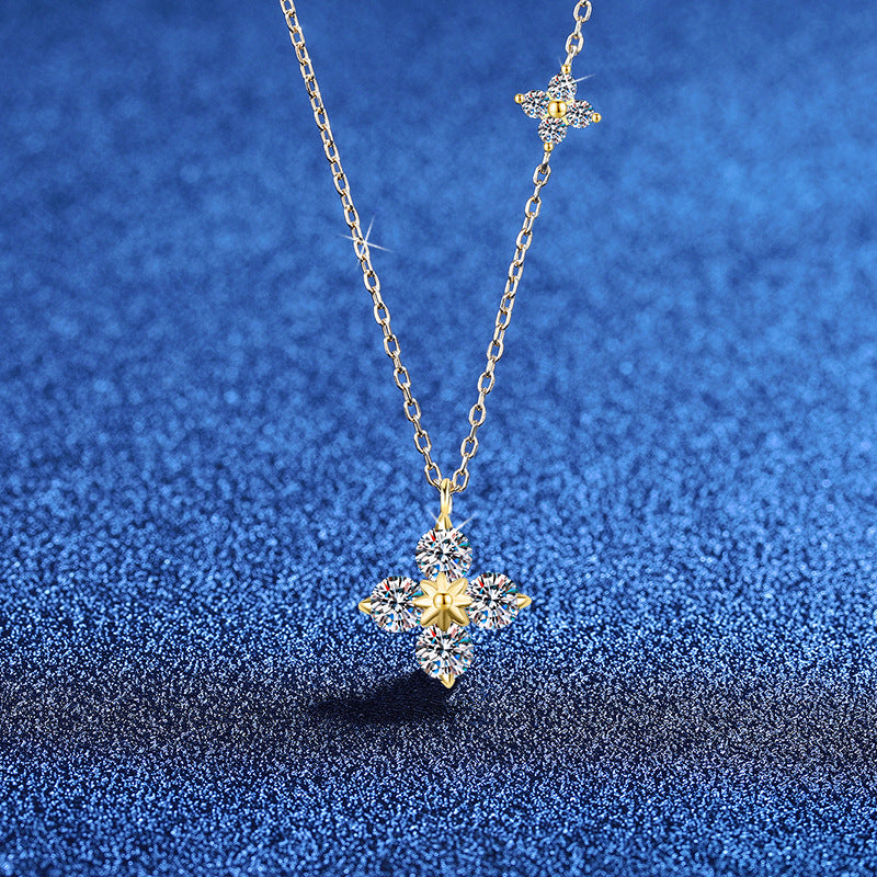 S925 Sterling Silver Four-Leaf Clover Clavicle Necklace with 1.2 Carat Moissanite Pendant - High-End Style, Niche Luxury, Colorfast