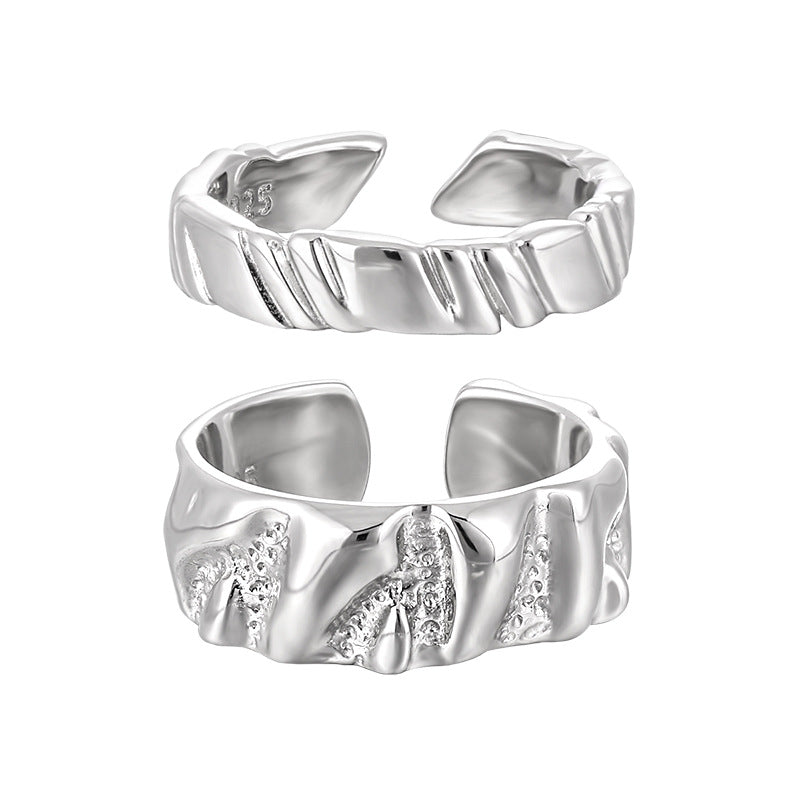 017 Korean style niche personalized silver pair ring simple geometric irregular texture texture S925 sterling silver ring for women