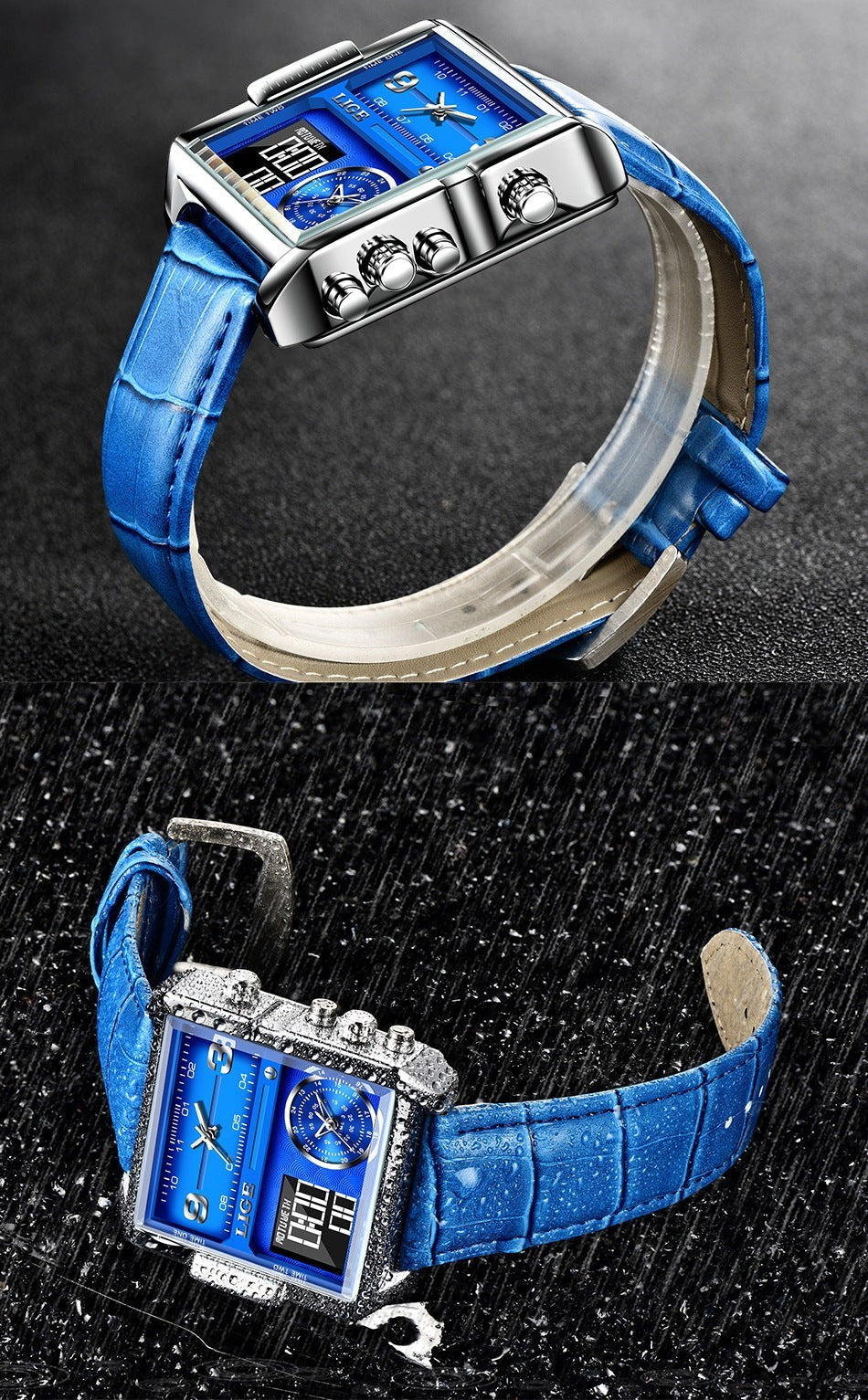 LIGE new electronic quartz dual display watch men's waterproof watch multi-function electronic watch quartz watch