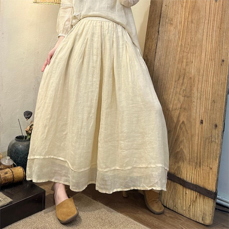 2026 Summer New Retro Niche Pure Ramie Handmade Chinese Style Dress with Folded Buttons and Tie