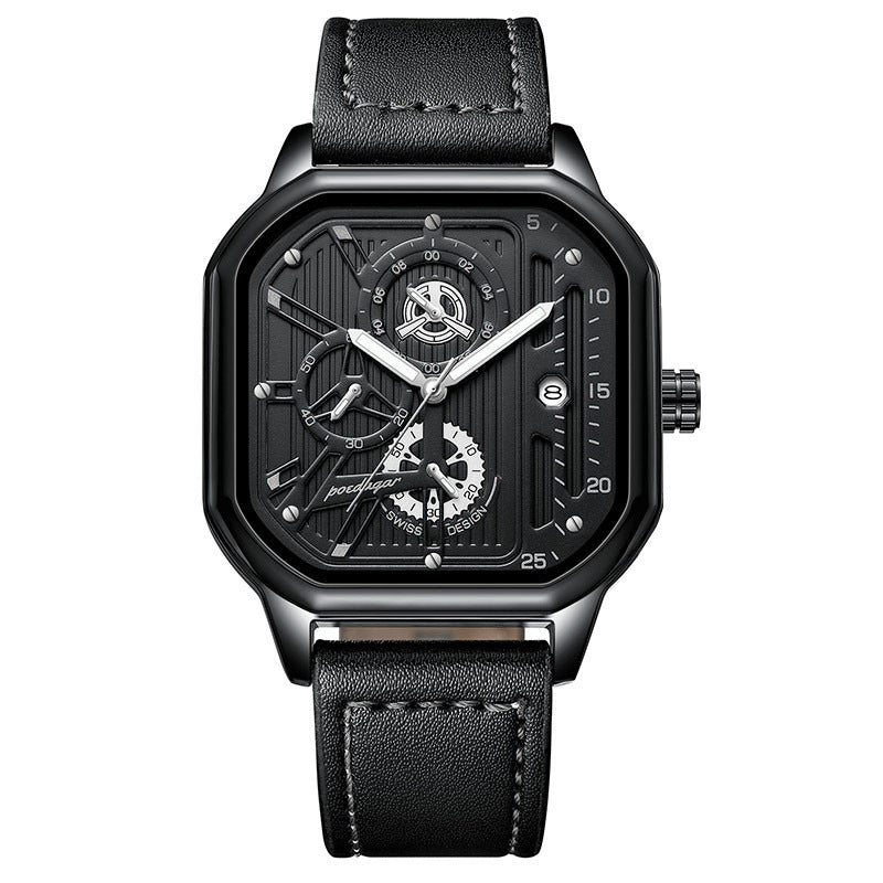 Men's Black Square Dial Quartz Watch - Leather, Waterproof