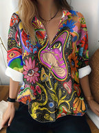 Cat cross-border Amazon European and American women's 3D printed floral pattern long-sleeved shirt women's fashion tops