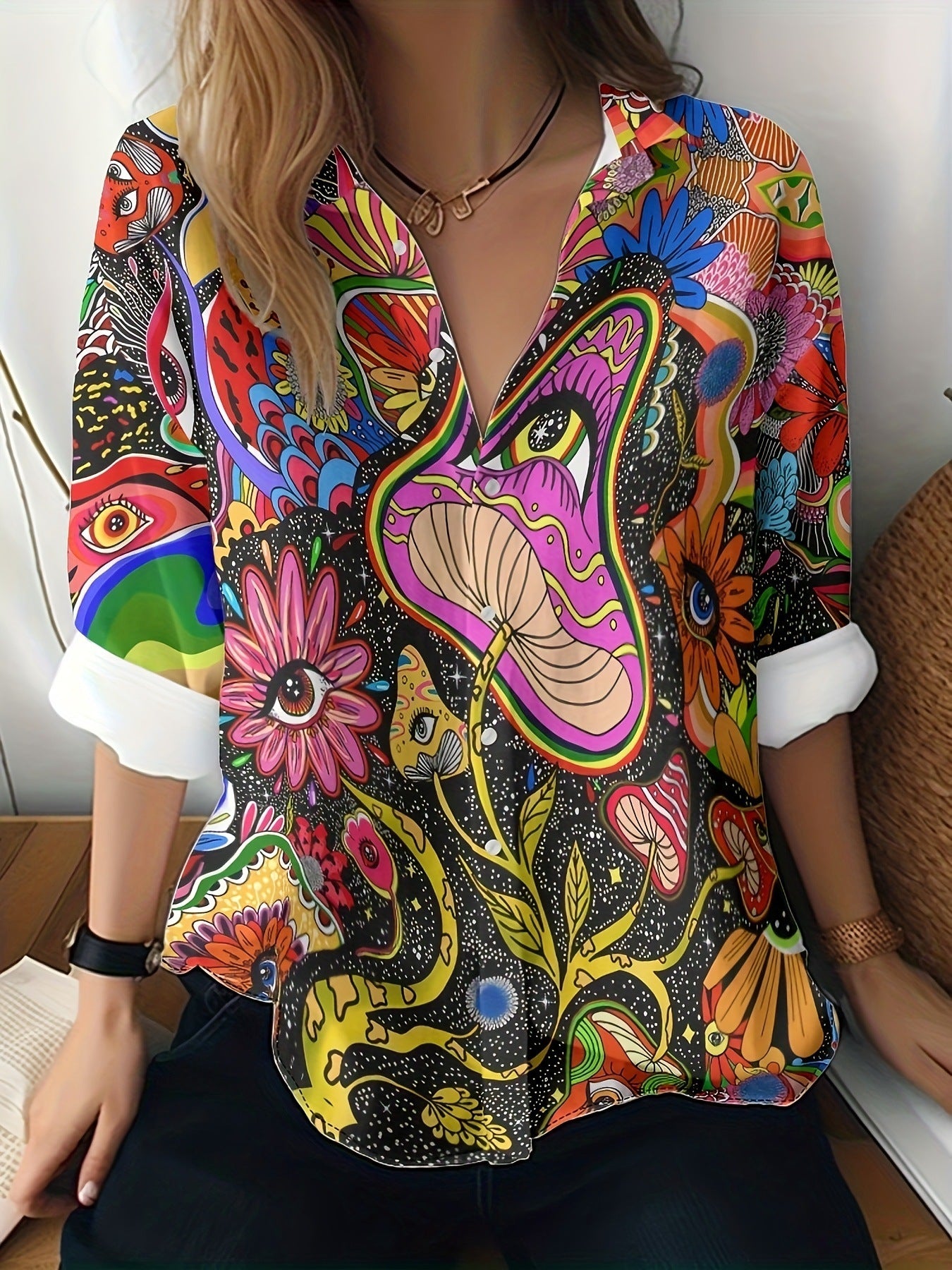 Cat cross-border Amazon European and American women's 3D printed floral pattern long-sleeved shirt women's fashion tops