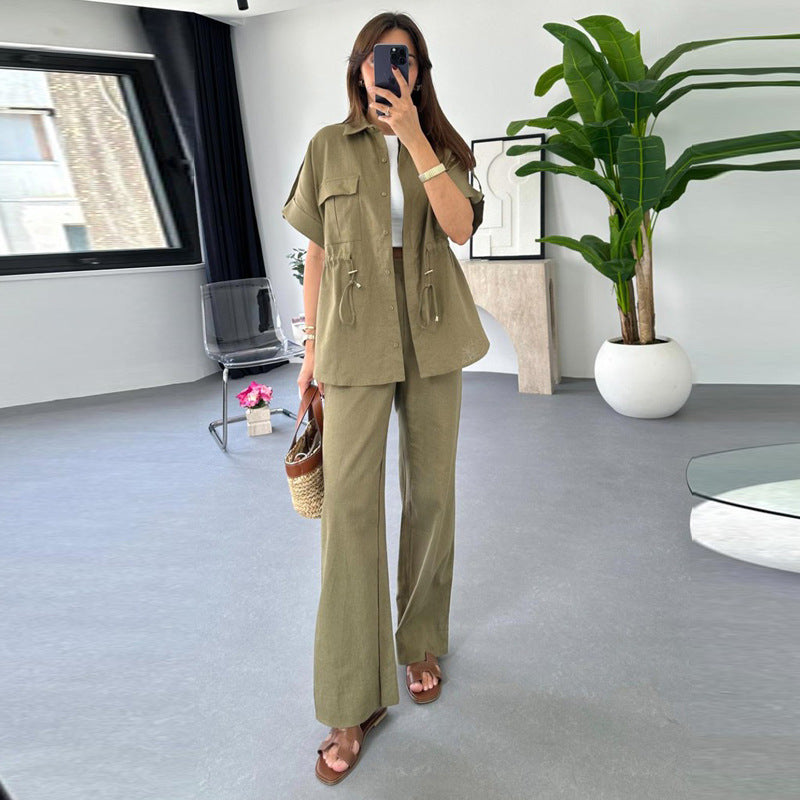 Spot 2024 summer new European and American Amazon cross-border women's casual drawstring top versatile trousers two-piece set