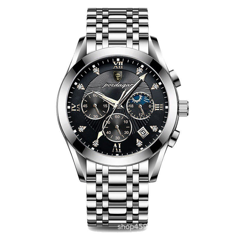 Men's Rose Gold Black Quartz Watch - Leather Strap, Calendar