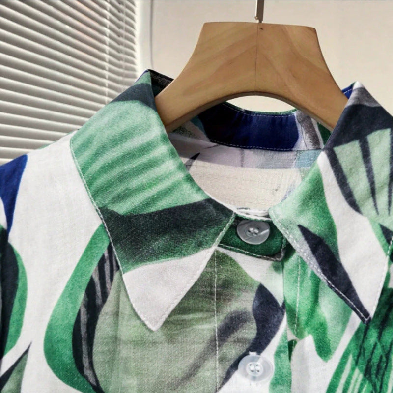 Amazon mid-length loose chiffon blouse with green and blue color blocking abstract print, lightweight and breathable, 2026 European and American cross-border style.