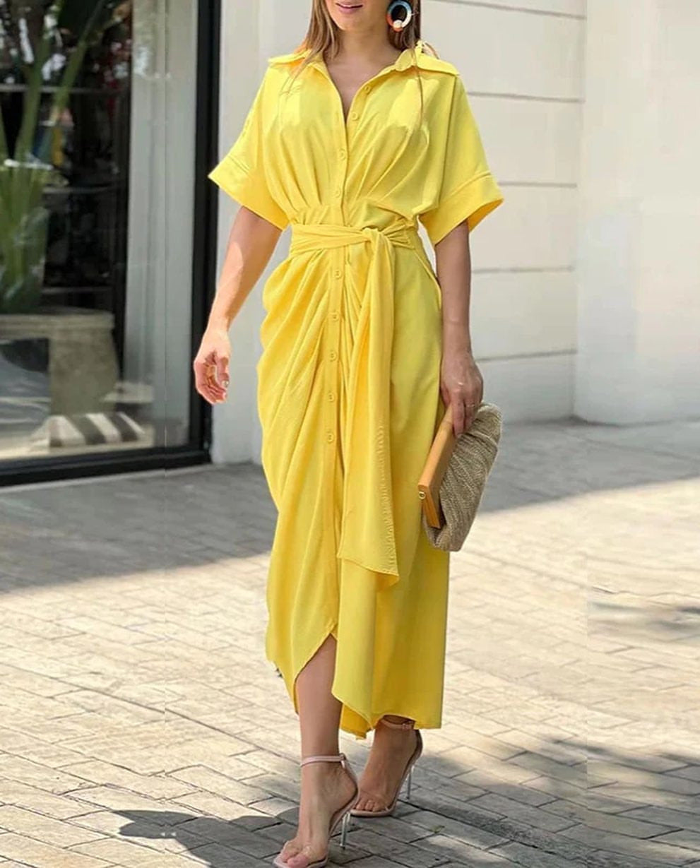 European and American cross-border 2024 Amazon summer new women's clothing printed lapel short-sleeved waist long shirt dress