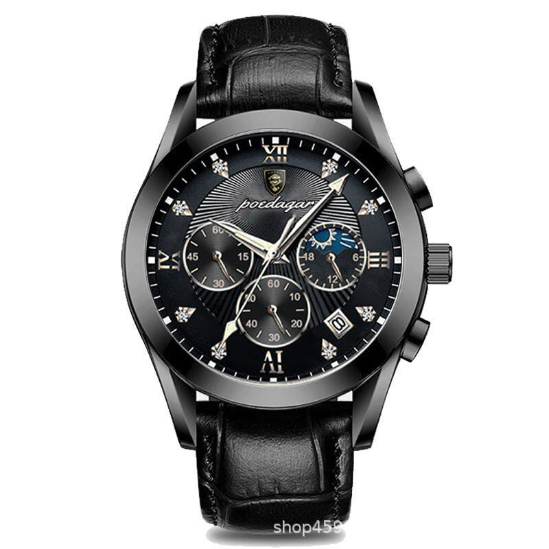 Men's Rose Gold Black Quartz Watch - Leather Strap, Calendar