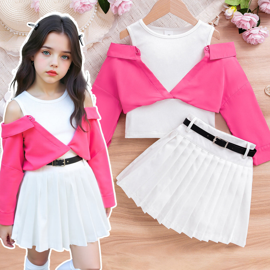 Foreign trade cross-border European and American summer hot-selling temperament girl suit off-shoulder long-sleeved top waist pleated skirt belt