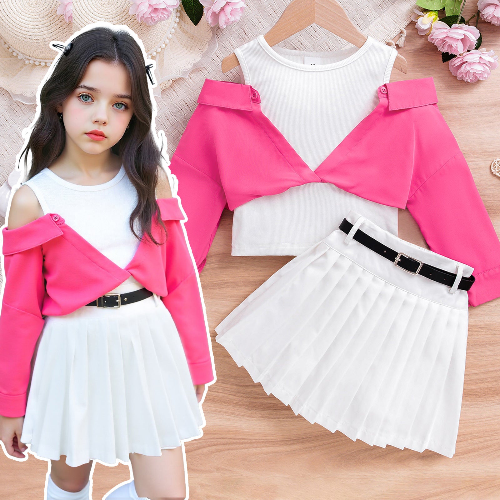 Foreign trade cross-border European and American summer hot-selling temperament girl suit off-shoulder long-sleeved top waist pleated skirt belt