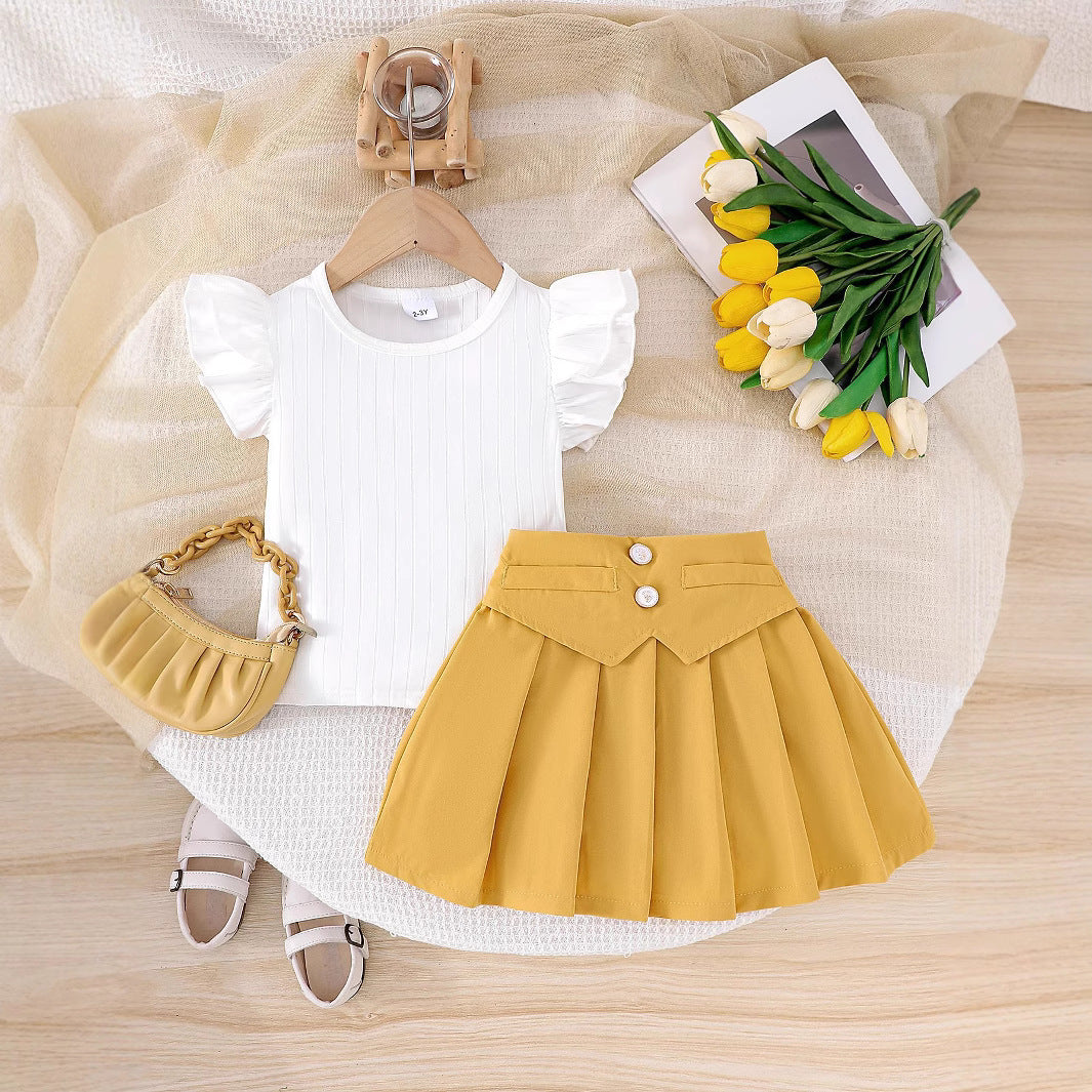 Cross-border European and American summer hot-selling girls suits, small and medium-sized children's flying sleeve short-sleeved tops, pleated skirt two-piece suits