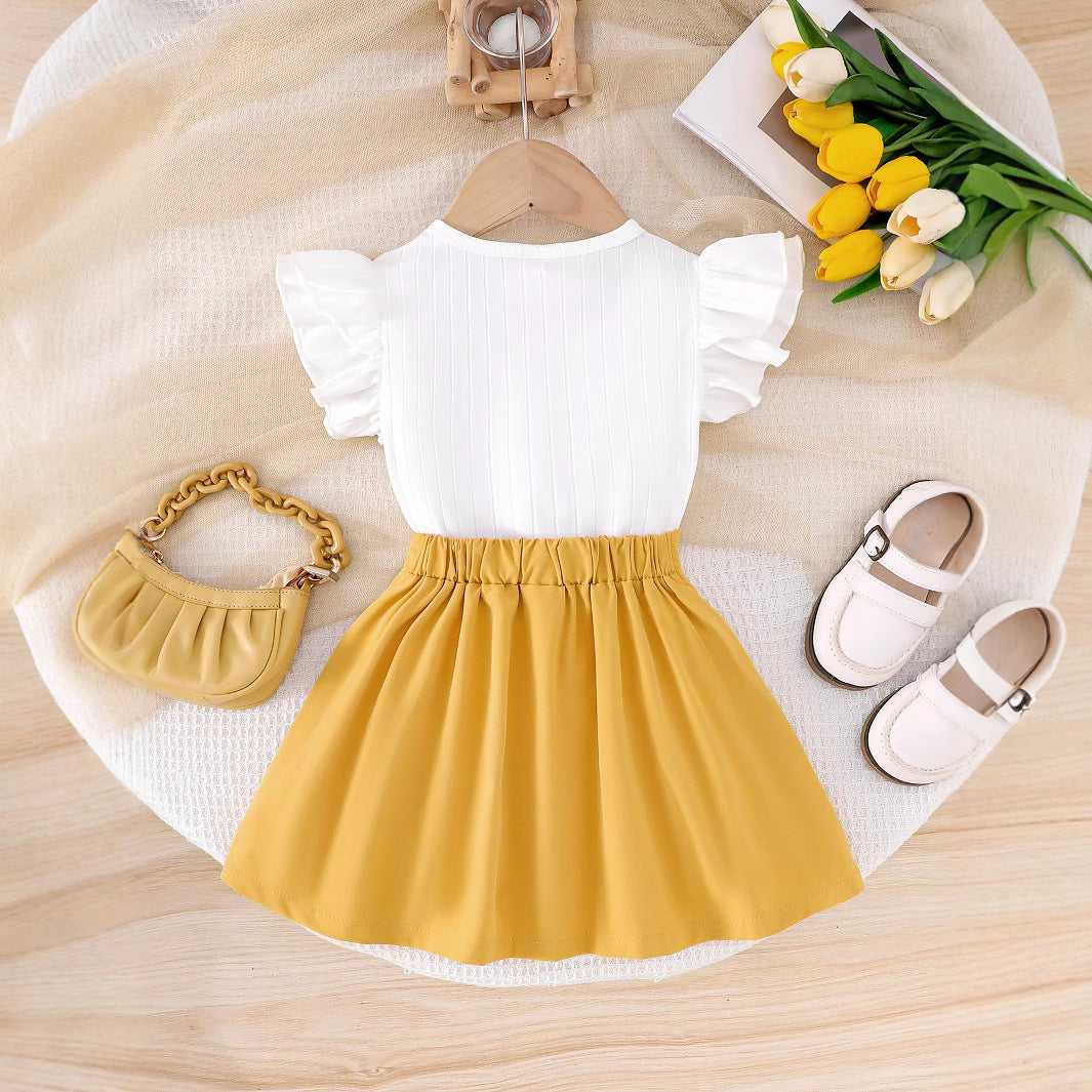 Cross-border European and American summer hot-selling girls suits, small and medium-sized children's flying sleeve short-sleeved tops, pleated skirt two-piece suits