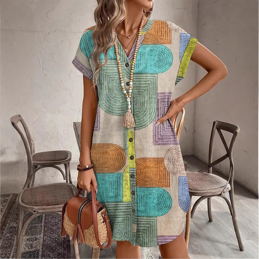2026 European and American style women's clothing, export, Amazon summer printed elegant V-neck button dress, independent website.