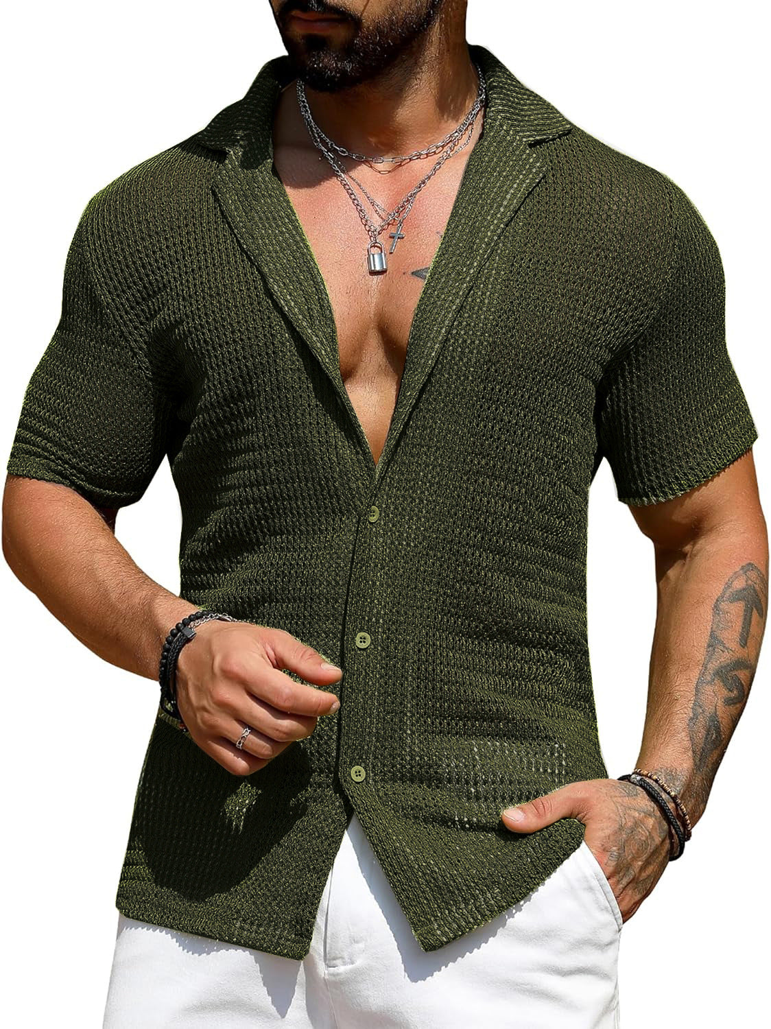 Men's White Knit Cardigan Shirt – Short Sleeve | Aladinae