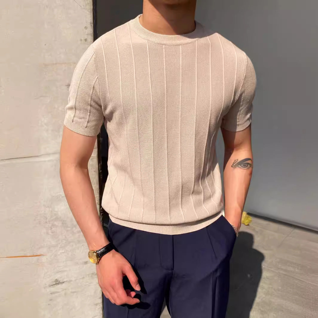 Men's Black Knit T-Shirt - Crew Neck, Short Sleeve