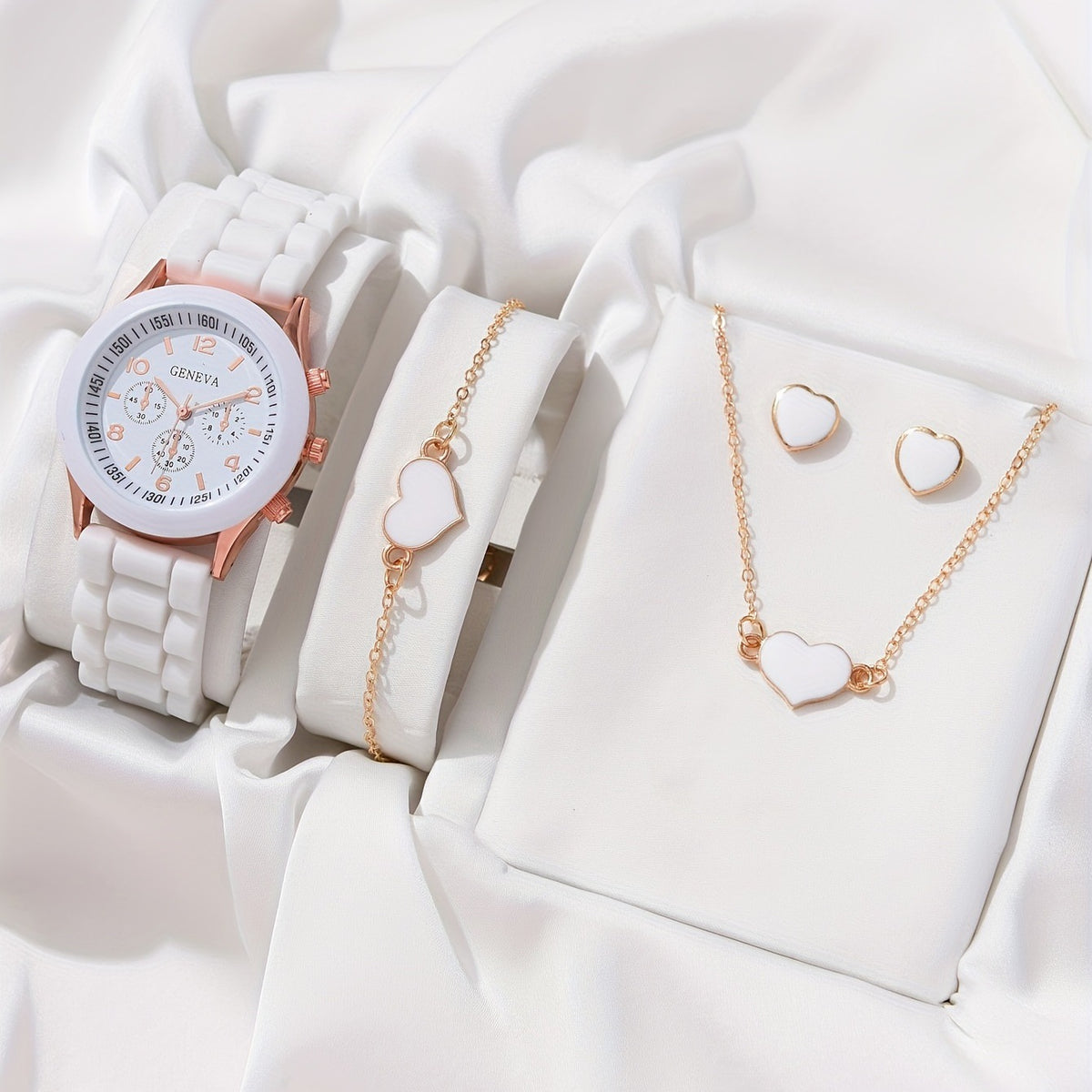 Women's White Heart-Design Quartz Watch - Silicone Strap