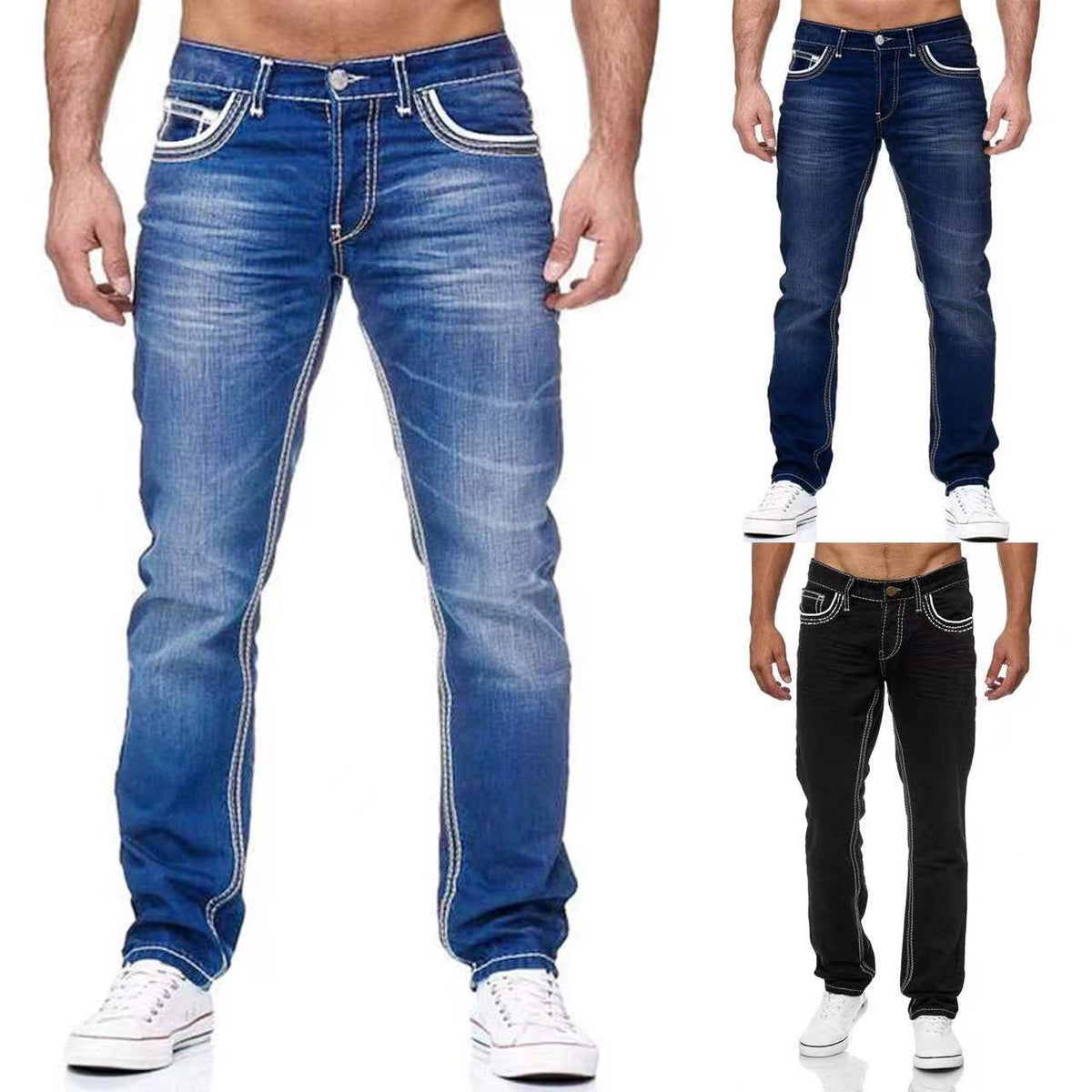 Men's Dark Blue Slim Fit Jeans - Mid-Rise, Zipper Fly