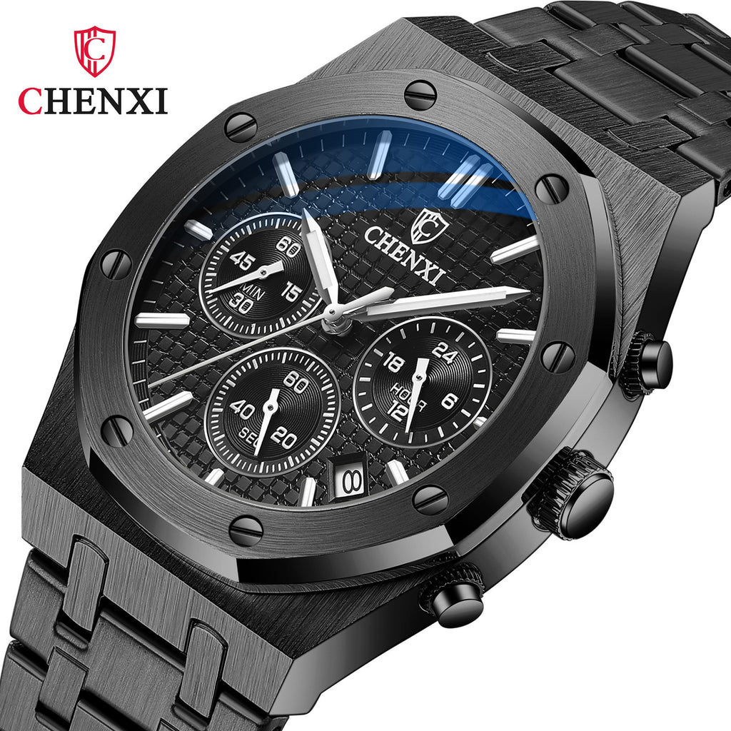 Men's Black Sports Quartz Watch - Steel Band, Waterproof