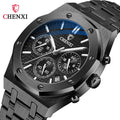 Men's Black Sports Quartz Watch - Steel Band, Waterproof