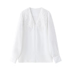 French-style elegant heavy embroidered linen V-neck white shirt for women, new early autumn 2025 style, sophisticated commuter top.